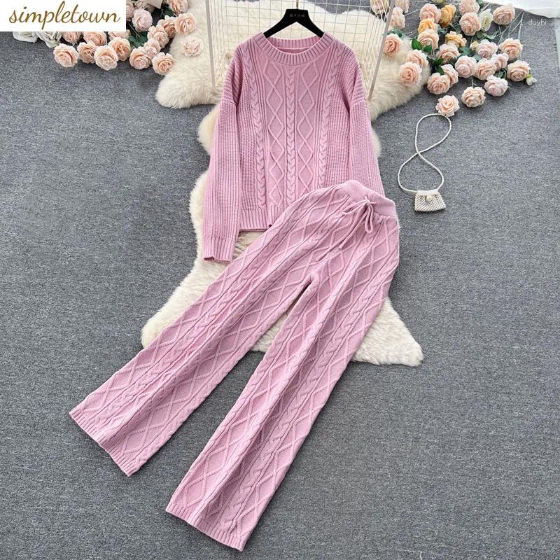 women two piece pants autumn and winter fashion set french loose pattern knitted sweater high waist slimming