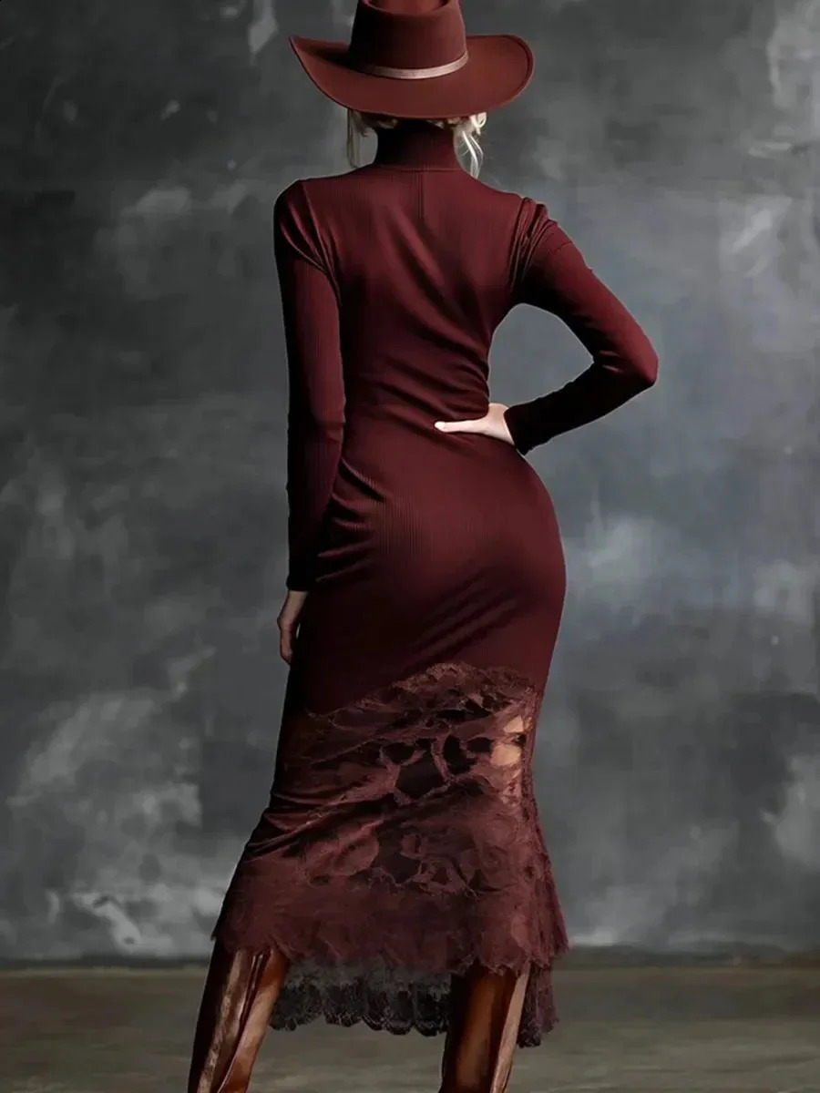 Spring Autumn Women Sexy Lace Splicing Comfortable High Neck Slim Fit Long Sleeve Evening Wine Red Maxi Dress 251223 C260311