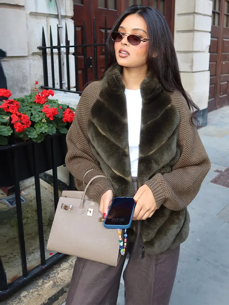 Patchwork Fur Knitted Cardigan Women Stand Collar Zipper Long Sleeve Fluffy Coat High Street Fashion Autumn Winter 2025 Sweater 251213 - view 5