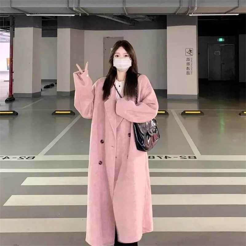 Fashion 100 Wool Coat Woolen Long Coat For Women Oversize Loose Double-Breasted Lapel Overcoat Autumn Lady High Street OuterweaT251224