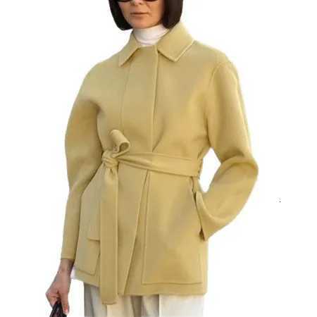 Lace Up Autumn Womens Woolen Jacket Yellow Turn Down Collar Pockets Long Sleeve Outwear For Female Elegant Sweet Ladys CoatT251224