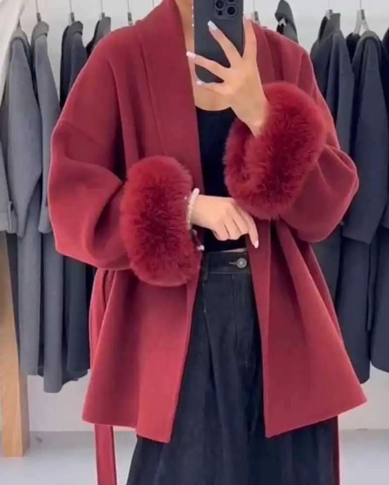 Solid Woolen Blend Fur Cuff Coat Women Loose Lapel Furry Belt Long Sleeve Female Jacket New 2025 Autumn Winter Lady Chic OutwearT251224