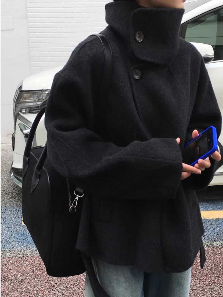 DFDG 2025 Fall Winter Womens Handmade Wool Coat Double-Faced Belted Cropped Jacket Oversized Stand Collar Designer OuterwearT251224