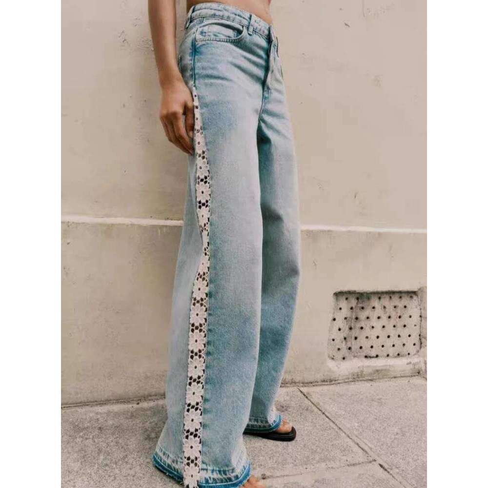 2025 Ropa Y2K Fashion Hollow Lace Patchwork Vintage Blue Baggy Jeans Pants For Women Clothing Korean Casual Lady Denim Trousers X251224