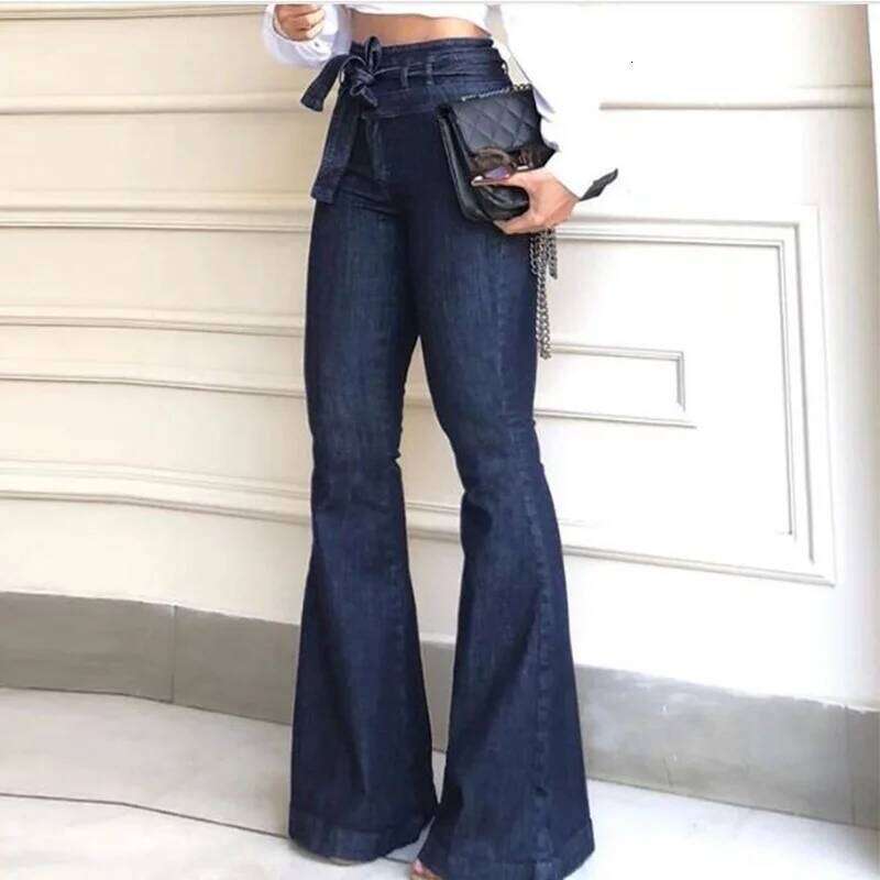 Elegant High Waist Lace-up Flare Pants For Women Hip Package Commuting Bell Bottom Denim Trousers 2025 Fashion Female Streetwear X251224