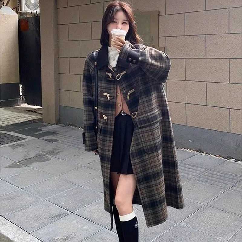 Vintage Plaid Midi Woolen Coats Women Winter Quilted Elegant Preppy Horn Buttons Outwear French Loose Casual Student Simple TopsT251224