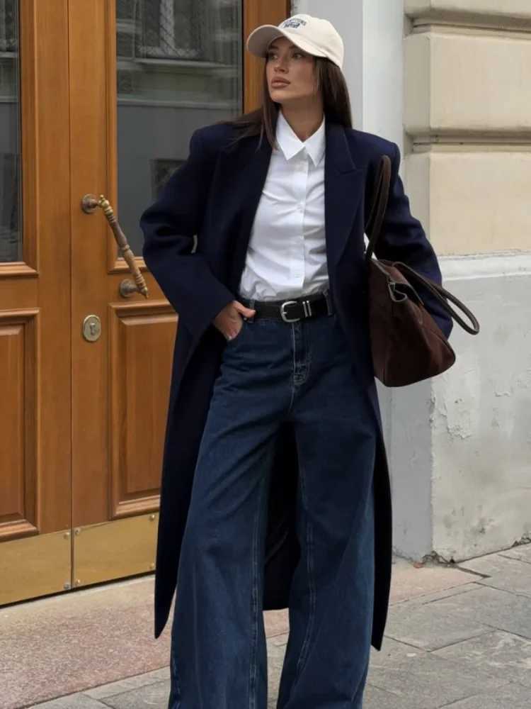 Fashion Women Navy Soid Lapel Woolen Overcoat Single Breasted Full Sleeve V-neck Loose Long Coat 2025 Lady Winter Street CoatsT251224