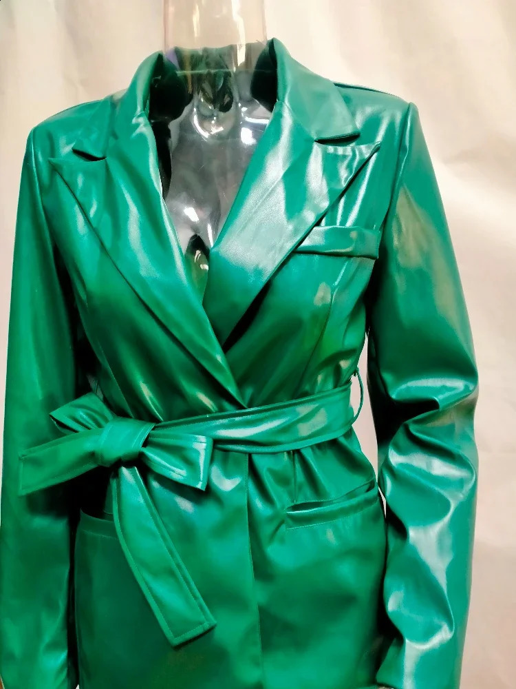 Business Casual Two Piece Set Turndown Collar Long Sleeve Pocket PU Leather 2 Piece Outfits Faux Leather Matching Set with Belt 251218 - view 3