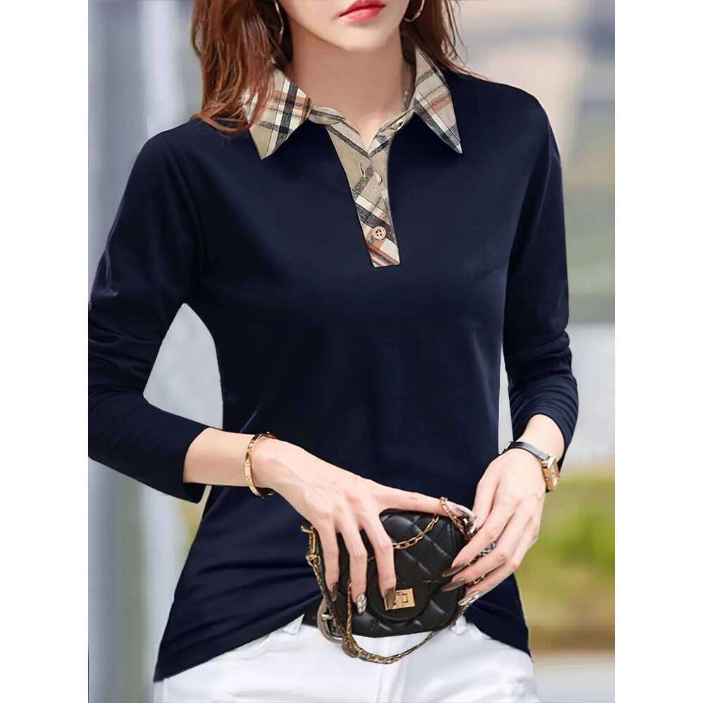 Women's Solid Color Long-Sleeved Plaid Collar POLO Shirt, Fashionable And Casual Everyday Wear Knitted Tops. DREAM RECALL