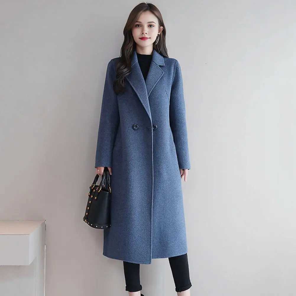 Winter Mid-length Women Overcoat Solid Color Double-breasted Turn-down Collar Coat Thermal Long Sleeve Wool Jacket With PocketsT251224