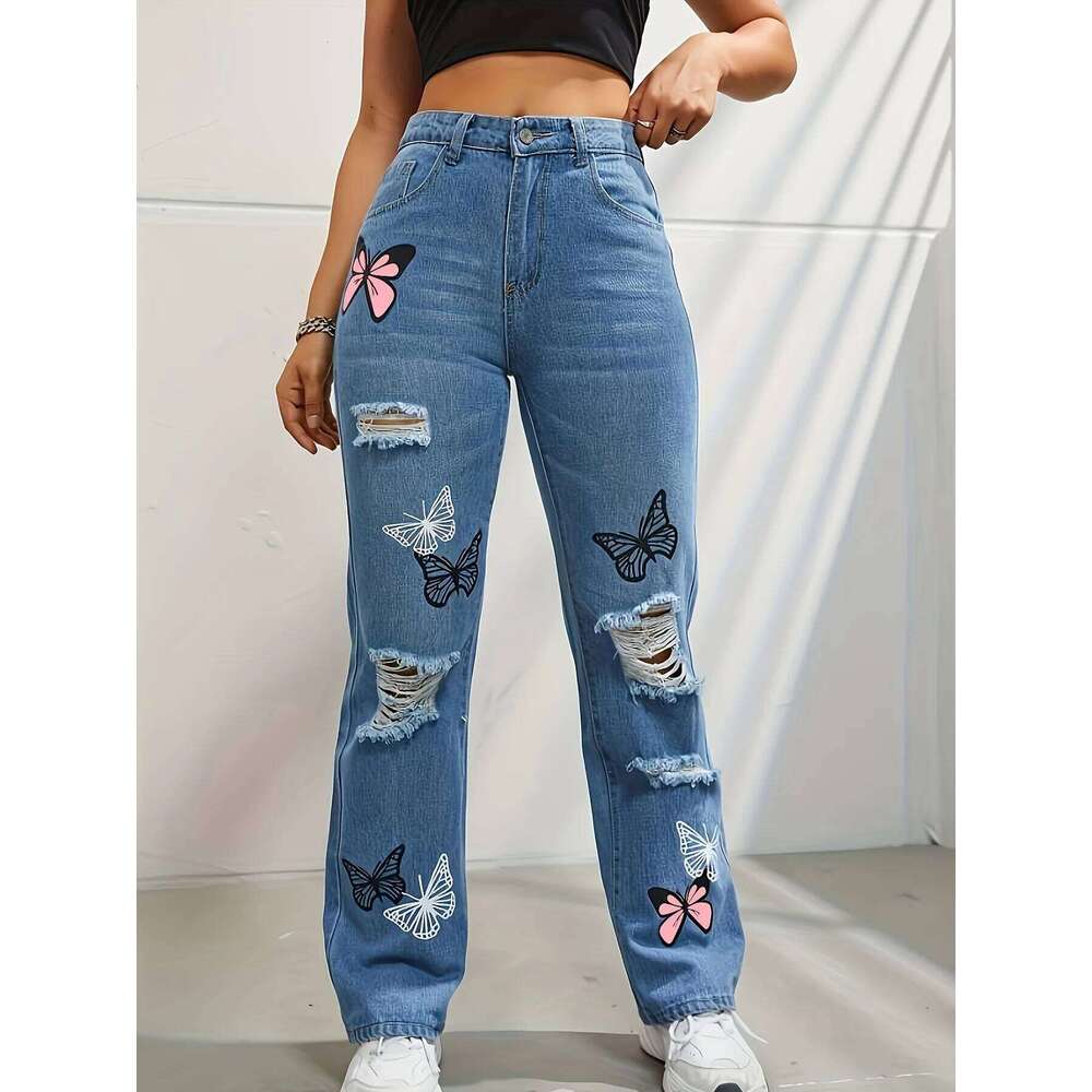 Butterfly Printing Denim Trousers Women Holes Jeans Straight Pants High Waist Loose Fit Vintage 2024 Casual Distressed Denims X251224