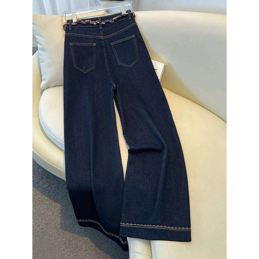 2025 Autumn New Denim Blue Wide Leg Women's Jeans Super Popular Pants with Silk Scarf Belt Fashion Straight Trousers X251224
