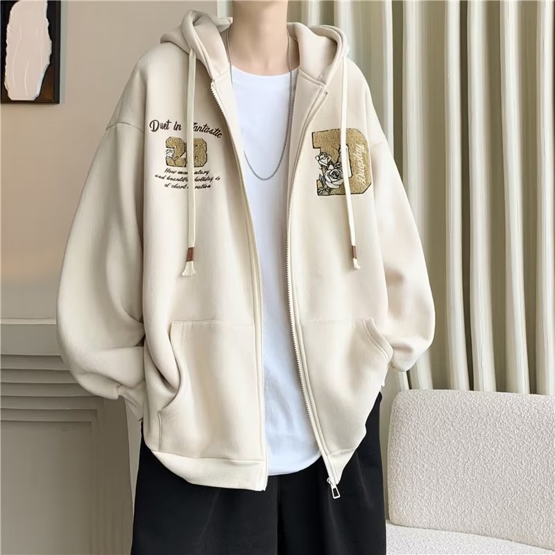 Apricot Letter Embroidered Fleece Hoodie for Men, Retro American Style, Trendy Couples' Outerwear for Spring & Autumn