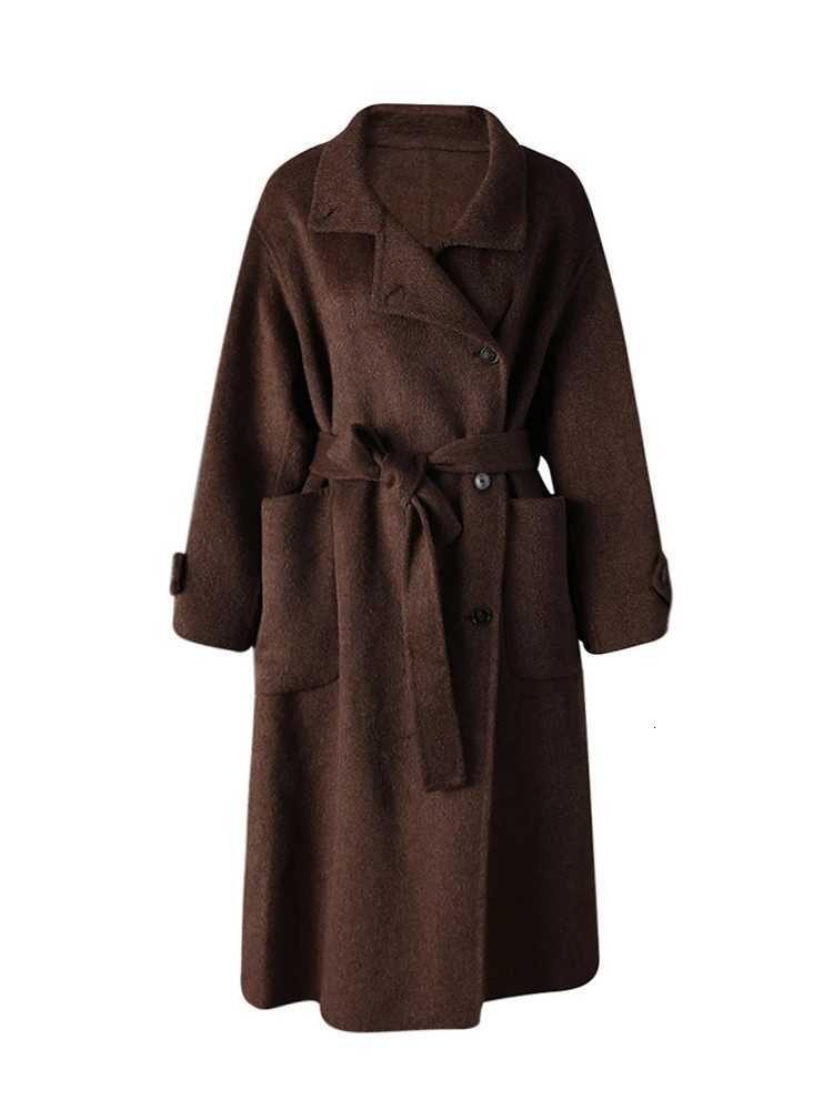 DEAT Fashion Brown Double Side Woolen Coat Womens Lapel Loose Single Breasted Big Pockets Sashes Blends Overcoat Autumn NewT251224