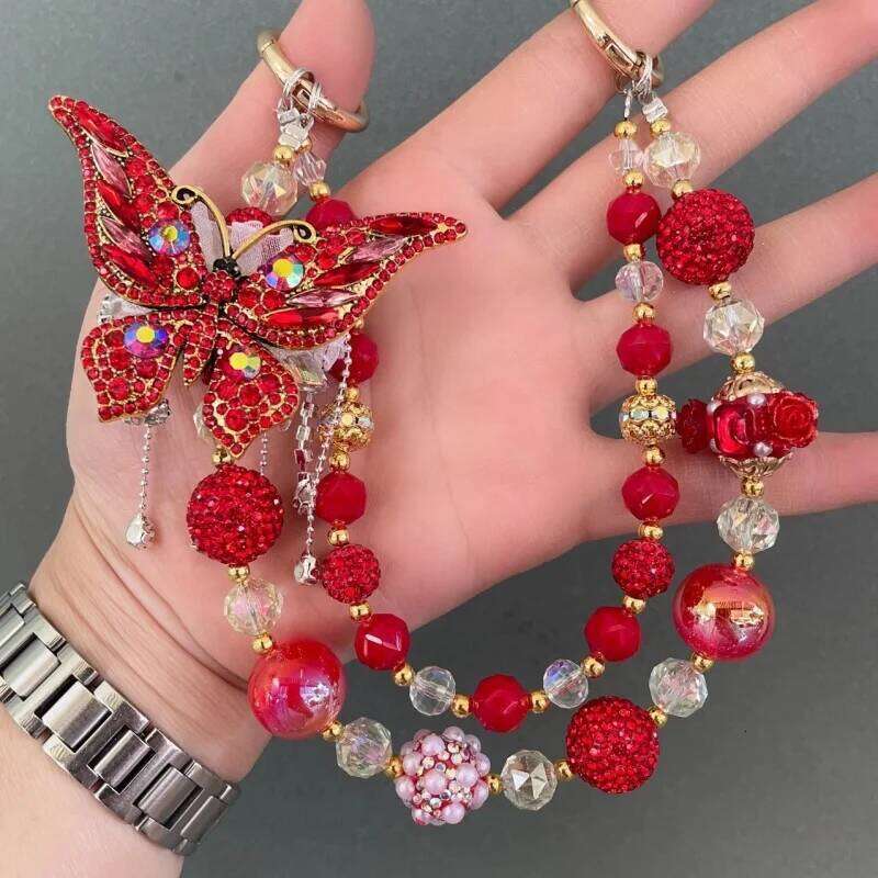 Double-Layer Round Beads Butterfly Dragonfly Fashionable Ladies Hand Bag Pendant Luxury Accessories Mobile Phone Chain X251224