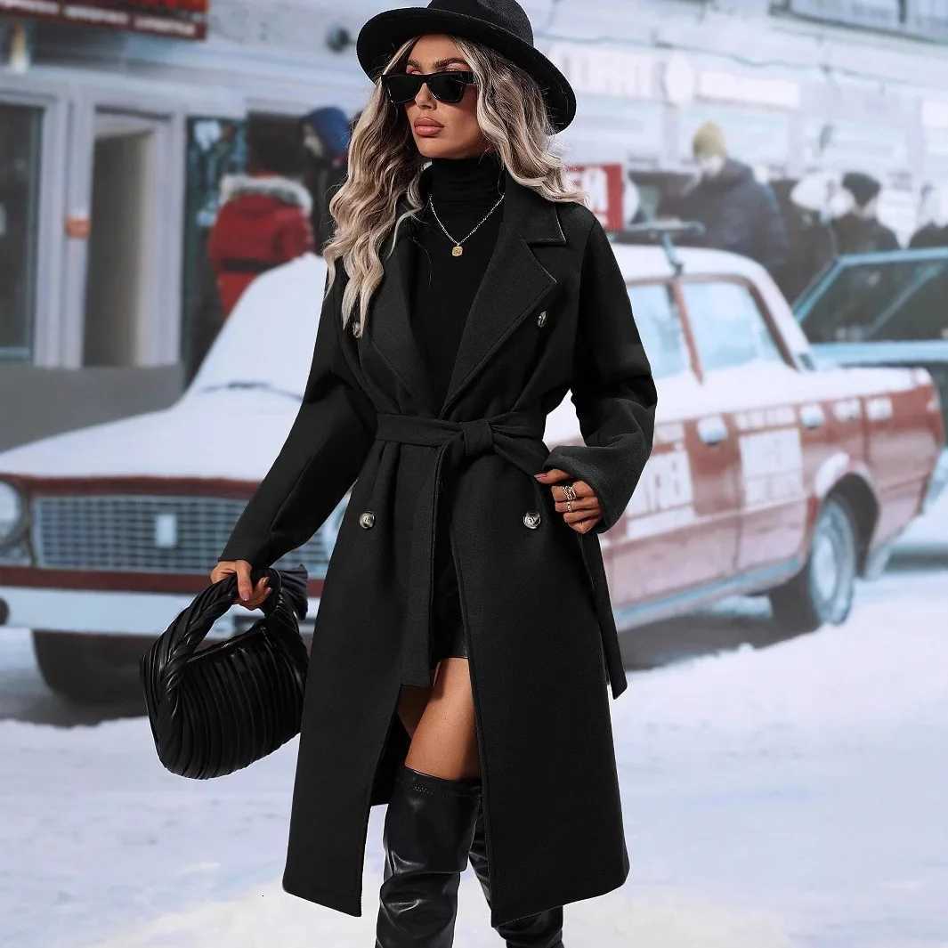 Women Turn Down Collar Thick Midi Length Wool Coat Pockets Casual Full Sleeve Double Breasted Blends Coats 2025 Autumn WinterT251224
