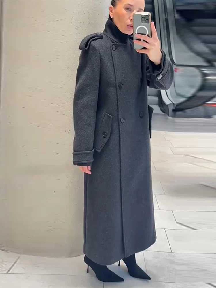 Casual Long Woolen Women Coat Fashion Stand Collar Full Sleeve Double Breasted Female Outwear 2026 Spring Autumn Lady StreetwearT251224