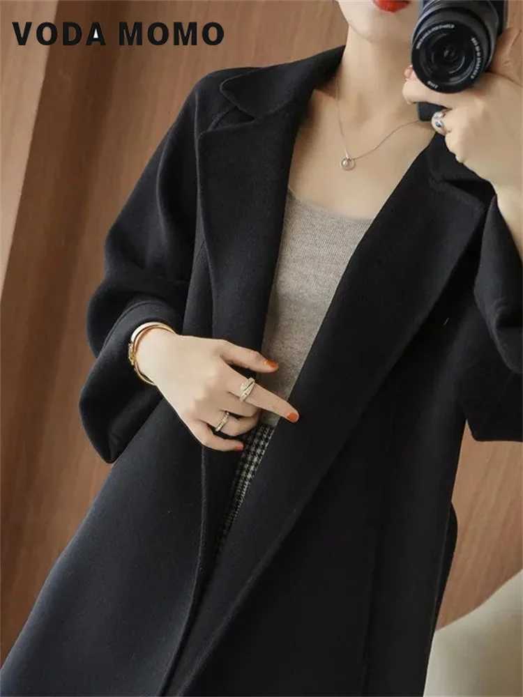 Long Overcoat Fall Outfits Women Spring Autumn Solid Lapel Loose Woolen Coat Lace-up Fashionable Wool Jackets Versatile KoreanT251224
