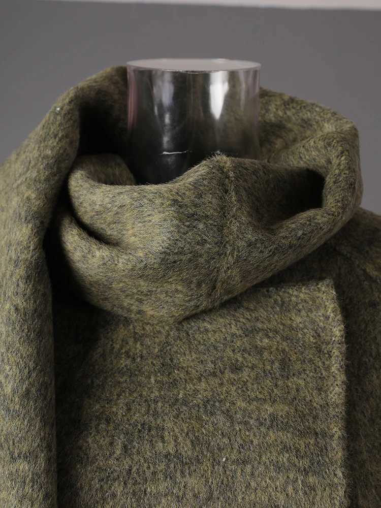 DEAT Fashion Green Scarf Double Side Woolen Coat Womens Loose Covered Button Long Sleeves Blends Coats Autumn NewT251224