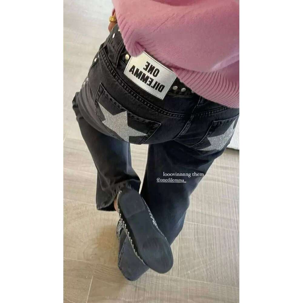 ONE DILEMMA Retro Womens High Waist Black Studded Jeans Silver Sparkle Star Back Pockets Rivet Straight Leg Denim Pants Fashion X251224