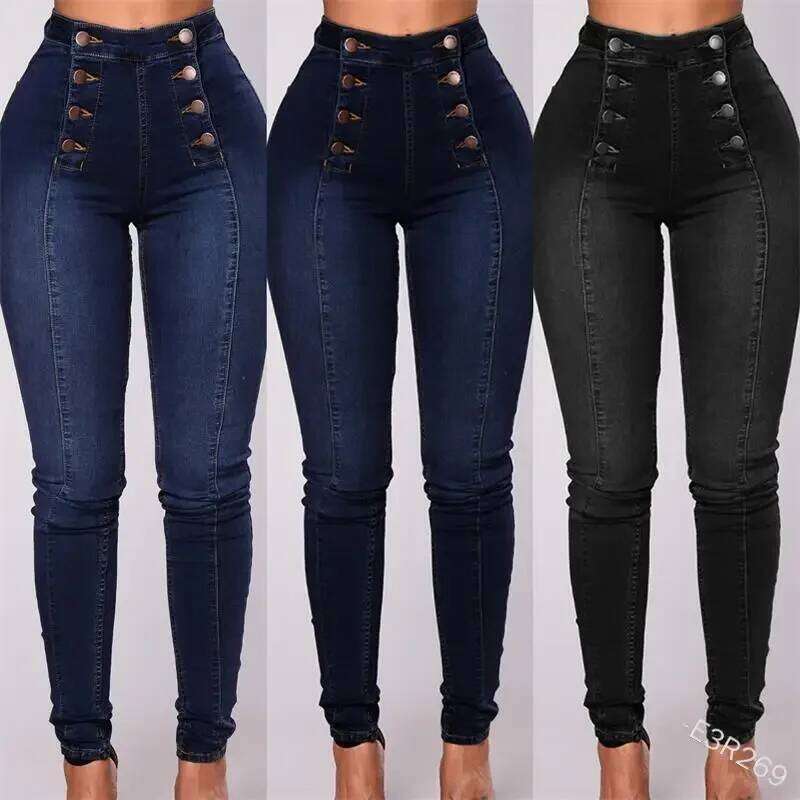 Women Elegant Vintage Stretch Bodycon Jeans Fashion Casual Double Breasted High Waist Skinny Denim Pants Trousers X251224