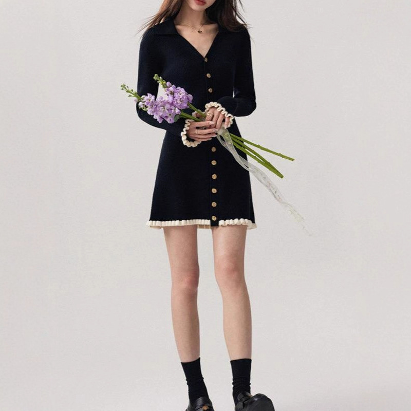 Casual Dresses luxury 2026 Spring Pink French style Old-fashioned clothing Long-sleeved knitted dress Women's V-neck Dress Short one-piece outfit