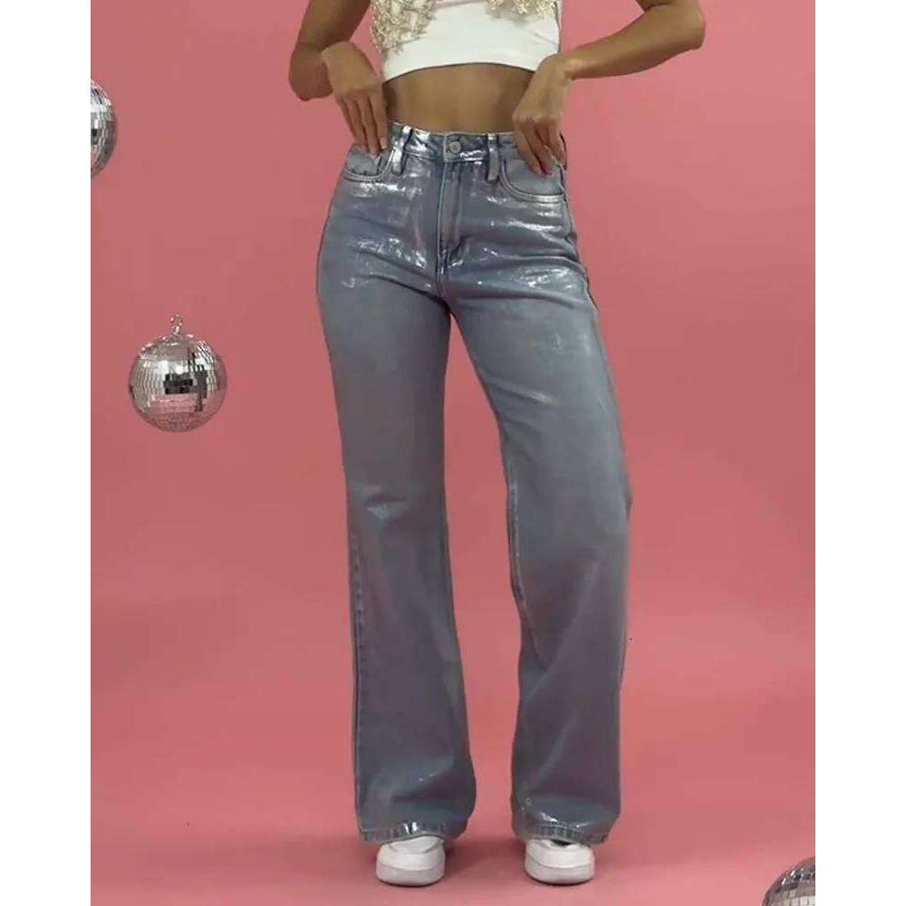 Metallic Baggy Fashion Y2K Blue Jeans High Waist Loose Vintage Straight Wide Leg Cool Design Denim Pants for Women X251224