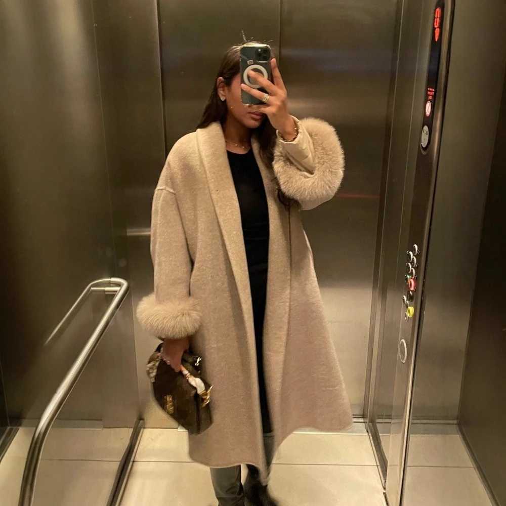 TWOTWINSTYLE Elegant Patchwork Lace Up Slim Coat for Women Lapel Long Sleeve with Feather Temperament Wool Trench Female AutumnT251224