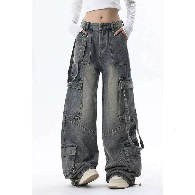 Women Blue Jeans Cargo Streetwear High Waist Wide Leg Pants Fashion Y2K Style Female Winter Straight Trousers X251224