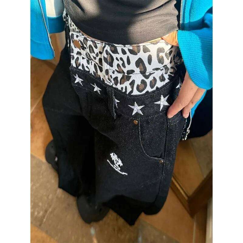 Harajuku American oversized leopard print waist splicing high waisted jeans women y2k hot girls niche star wide-leg pants 22ss X251224