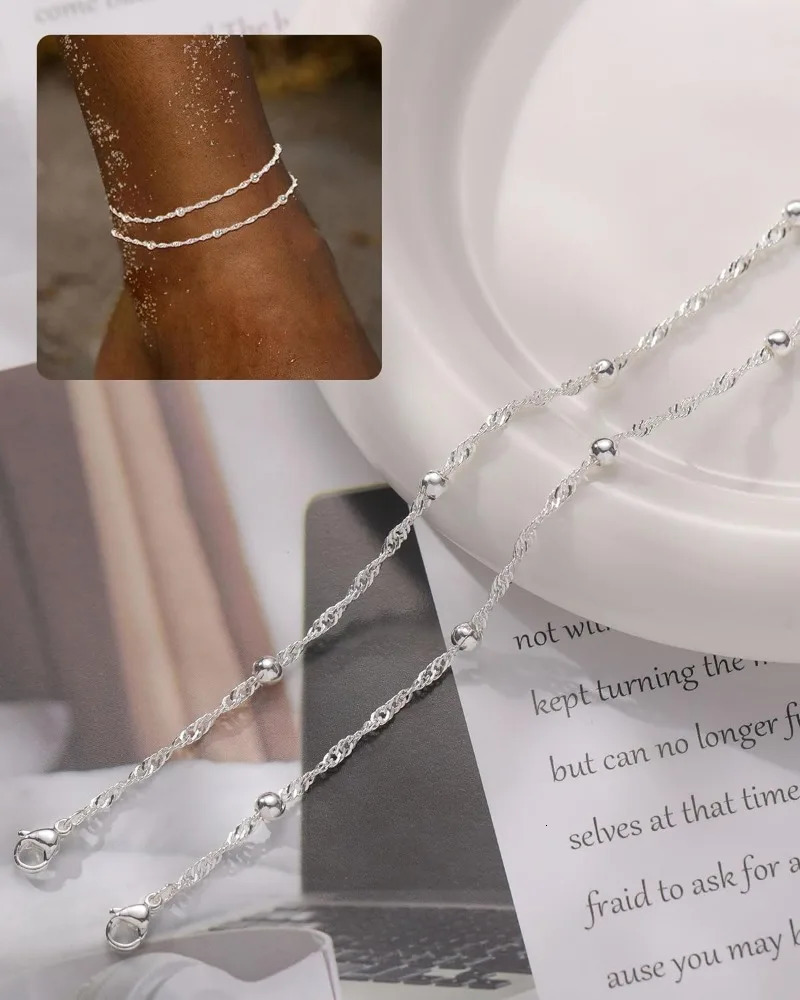Waterproof Gold Silver Ankle Bracelets for Women 14K Gold Plated Stainless Steel Double Layered Twist Beaded Anklets for Girls 251219