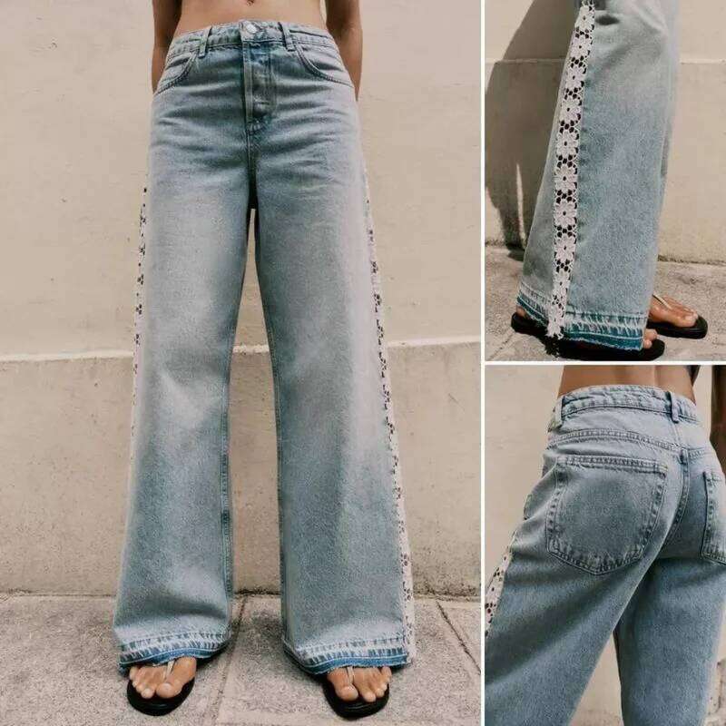 2025 Ropa Y2K Fashion Hollow Lace Patchwork Vintage Blue Baggy Jeans Pants For Women Clothing Korean Casual Lady Denim Trousers X251224