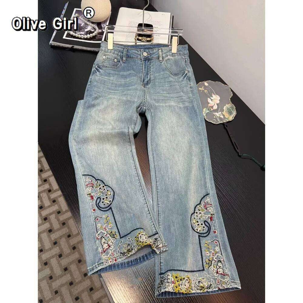 Jeans Casual Embroidered Wide Leg Jean Women's Pant Clothing 2026 Spring Trouser Summer High Waisted Elegant High-end X251224