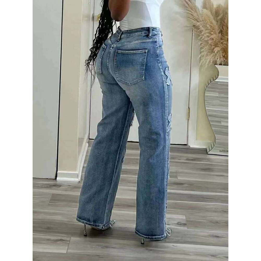 Women's Fashion Spring and Autumn New Vintage Washed Denim Tassel Cross Hip-hop Straight Leg 9-inch Pants X251224