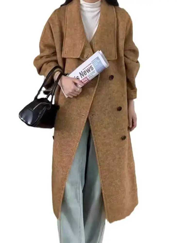 UCXQ Elegant Solid Color Wool Coat For Women Spliced Turtleneck Double Breasted A Line Coats 2025 Winter New Tide 23Z3543T251224