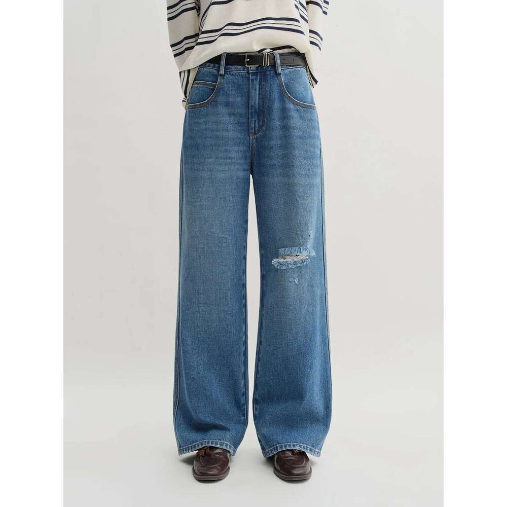 DUSHU 2025 Summer Women's Ripped Jeans - Straight Leg Non-Stretch Casual Pants High Waist Versatile Long Trousers X251224