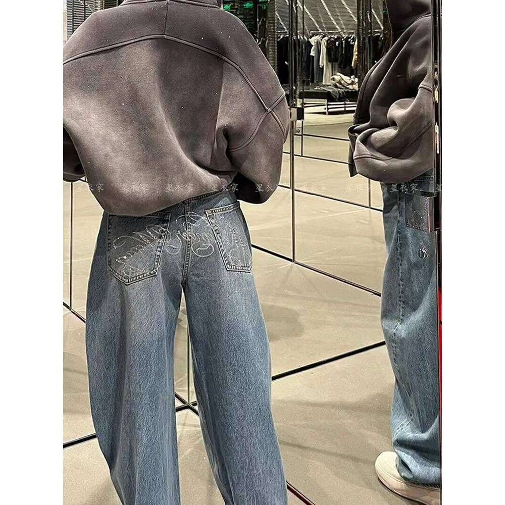 Baggy Blue Jeans for Women Vintage Y2k Letter Rhinestone Straight Denim Pant Streetwear High Waist Wide Leg Trousers X251224