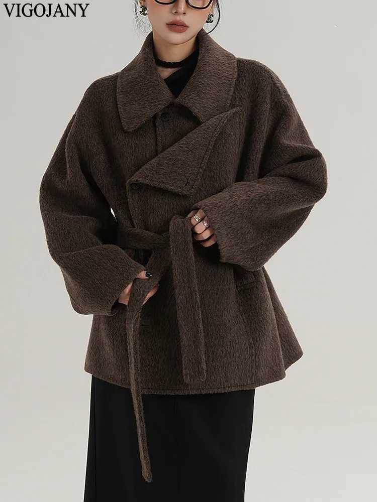 2025 Women Brown Nature 100 Wool Coat Elegant Long Sleeve Loose Cashmere Jacket Winter Lady Casual Turndown Collar Woolen CoatT251224