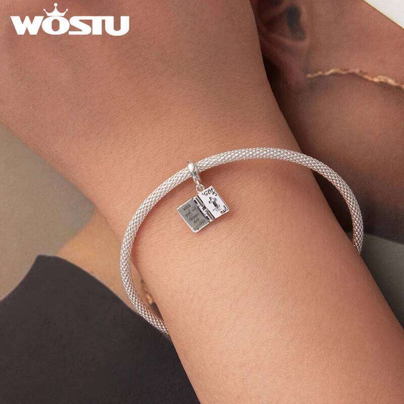 WOSTU 925 Sterling Silver Religious Openable Bible Book Charm Cross Faith Pendant Celtic Knot bead Fir Bracelet DIY Family Gift X251224