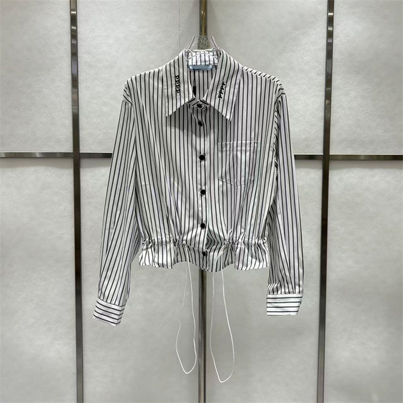 Elegant Women Polo Shirt Luxury Drawstring Striped Buttons Blouse Spring Summer College Style Short Shirts