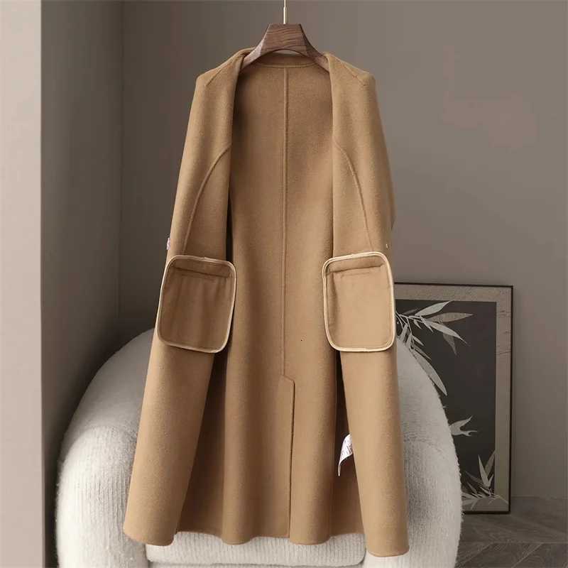 2025 Autumn 100 Wool Coats With Belt Fashion Open Stitch Elegant Woolen Cashmere Coat Veste Femme TopsT251224