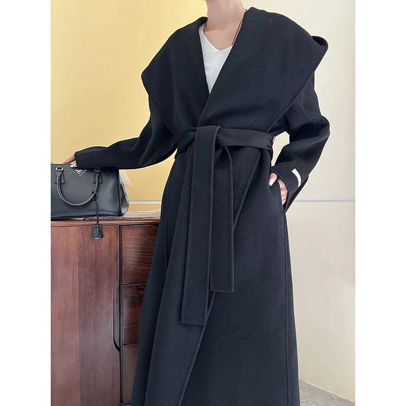 Office Lady Cashmere Woolen Blended Hooded Jackes 2025 Autumn And Winter Loose Bathrobe Lace-Up Tie Womens Long Wool CoatsT251224