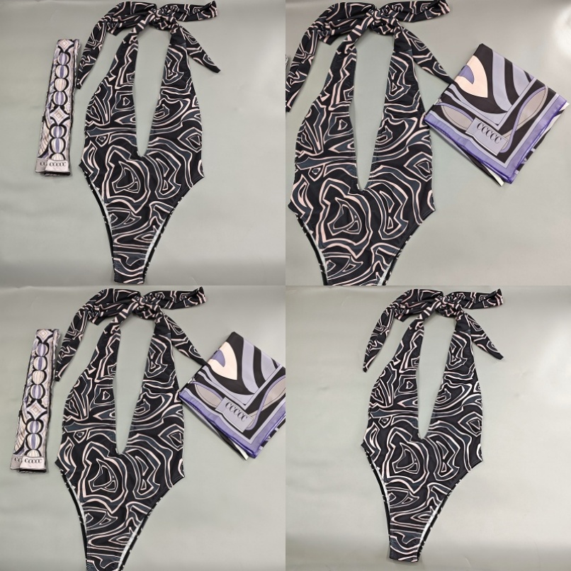 Luxury Sexy Swimsuit Women Printed Bikini Suit With Silk Scarf Tie Beach Pool Bathing Suit
