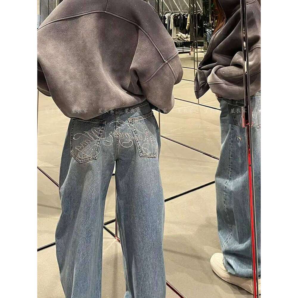 Baggy Blue Jeans for Women Vintage Y2k Letter Rhinestone Straight Denim Pant Streetwear High Waist Wide Leg Trousers X251224