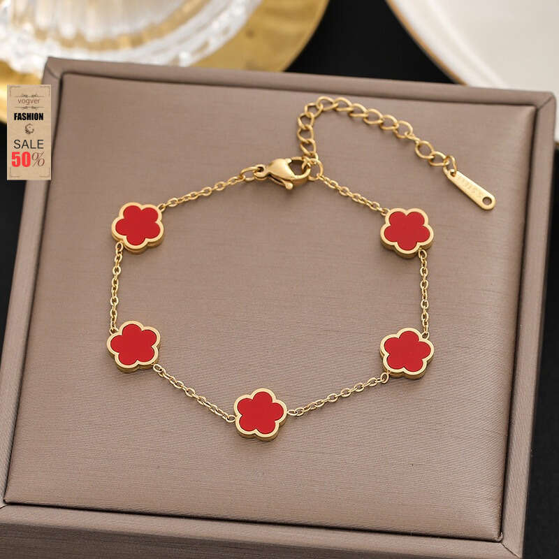 Bracelet for Women Jewelry Internet Celebrity Hot Item 18k Gold Plated Double-Sided OL Mother-of-Pearl Clover Versatile Daily Wear Accessory