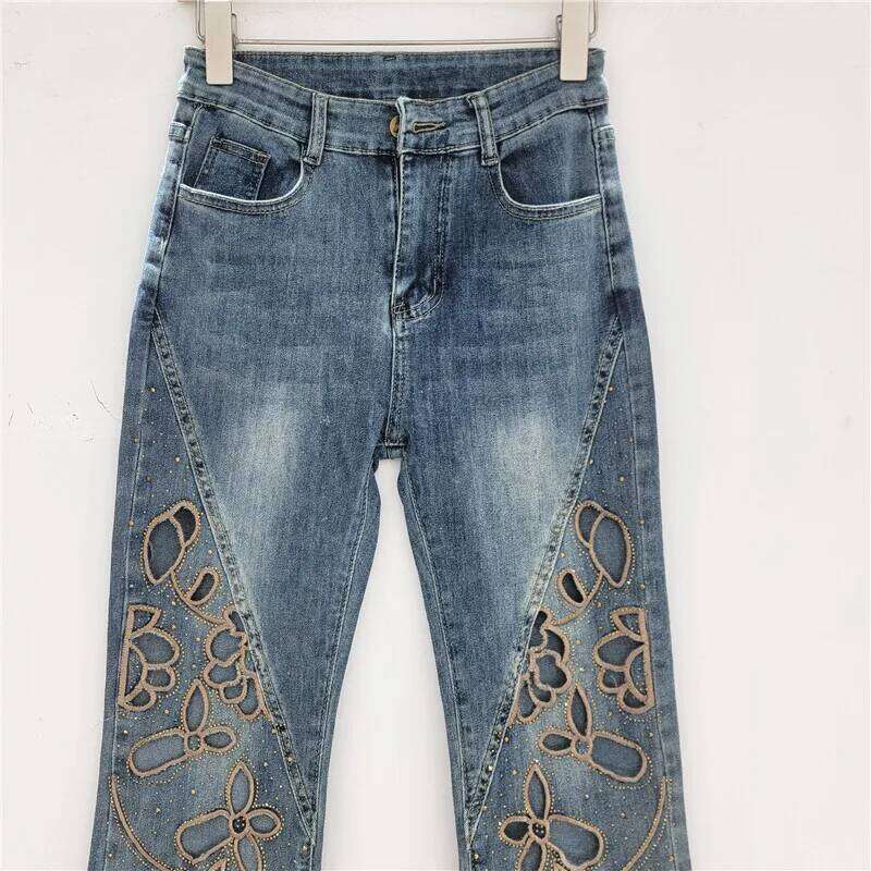 DEAT Women's Micro Flared Jeans High Waist Slim Hollow Out Diamonds Denim Ankle-Length Pants 2025 New Fashion Summer 29A1936 X251224