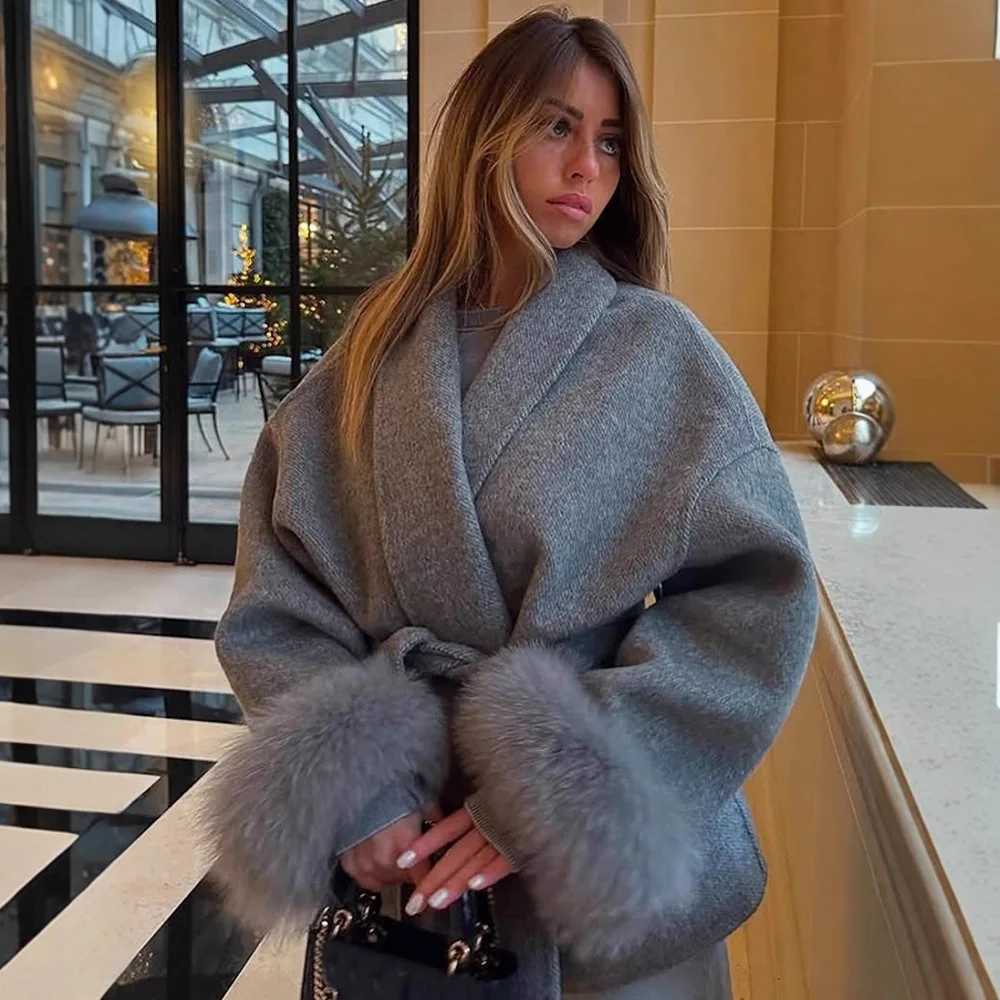 Fox Fur Woolen Women Coat Grey Lace Up Fur-trimmed Cuffs Patchwork Female Wool Overcoat Elegant Commuter Office Jacket For LadyT251224