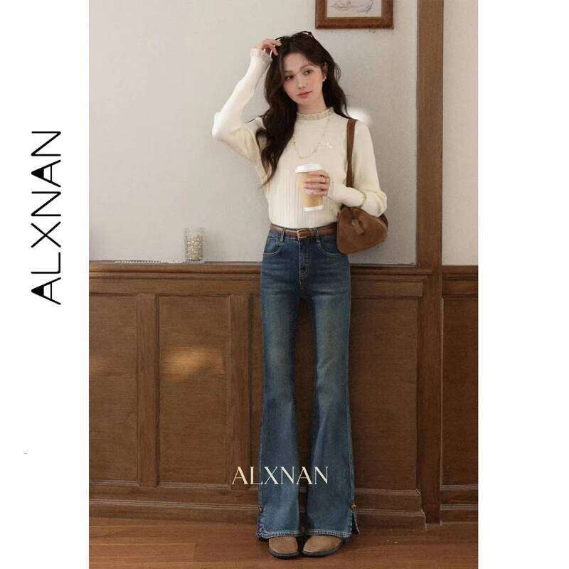 ALXNAN Vintage Blue Jeans Women's Flared Straight Cotton Denim 2025 Fall Office Lady Elegant Slim-fit Female Pants L57873 X251224