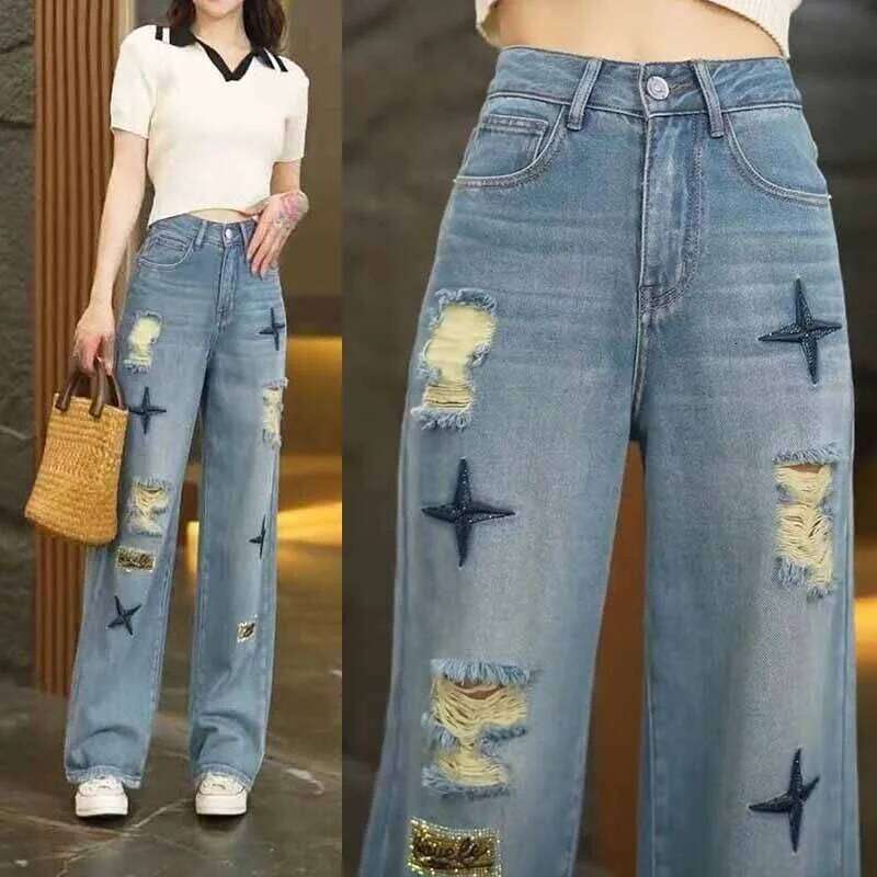High-waisted Loose Ripped Wide-leg Denim 2025 Straight Spring and Summer New Thin Retro Slim Jeans X251224