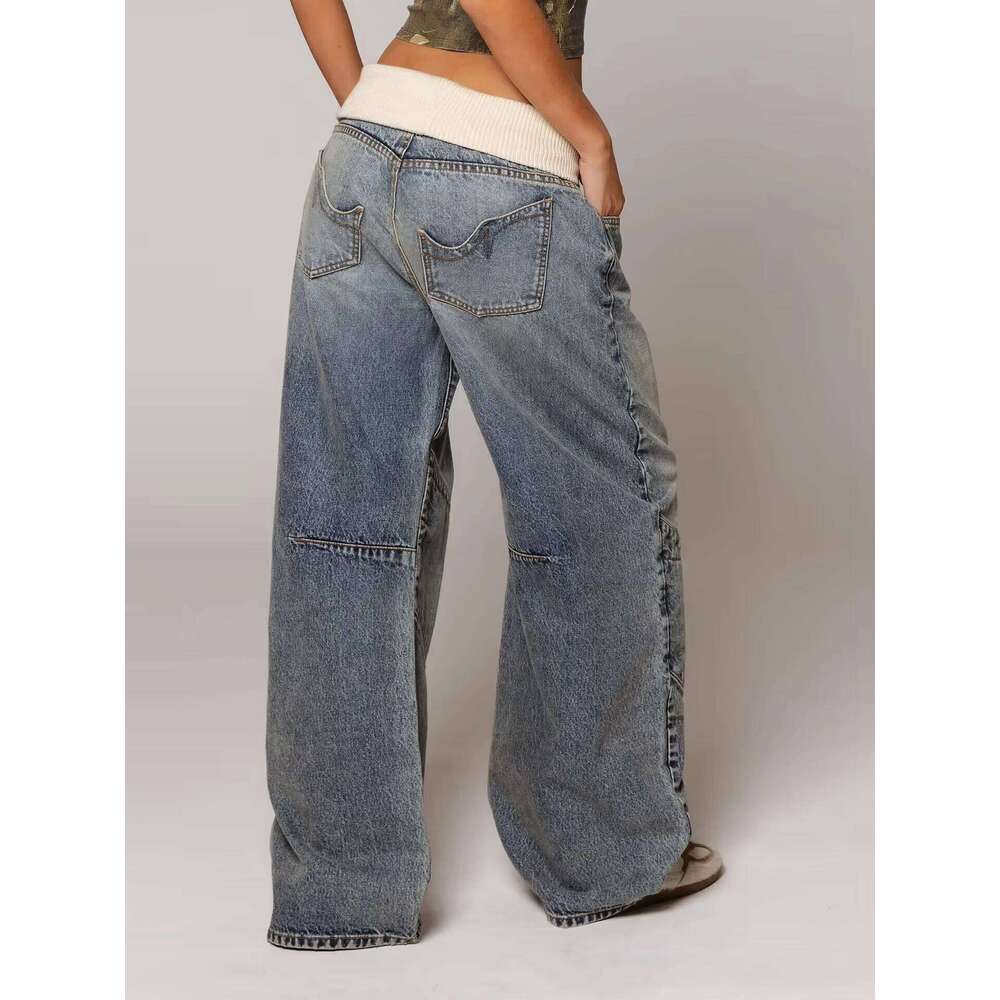 Revice Denim Straight Jeans Ribbed Waistband, Vintage Washed Light Blue Wide Leg Pants with Heavy Embroidery X251224